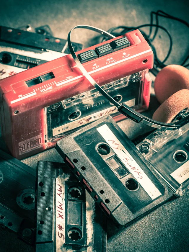 Vintage cassette tape with headphones and walkman